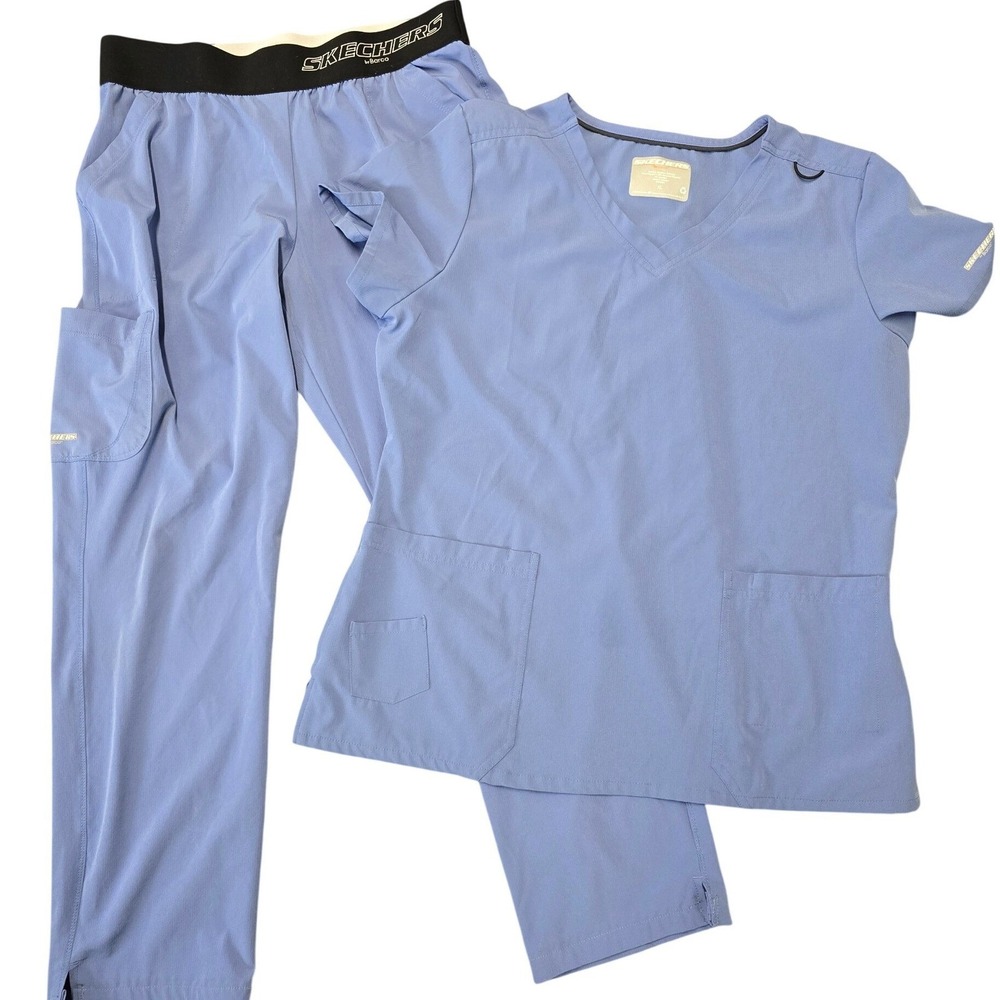 Skechers Scrub Set XL Blue Stretch Top Pants Medical Uniform Womens